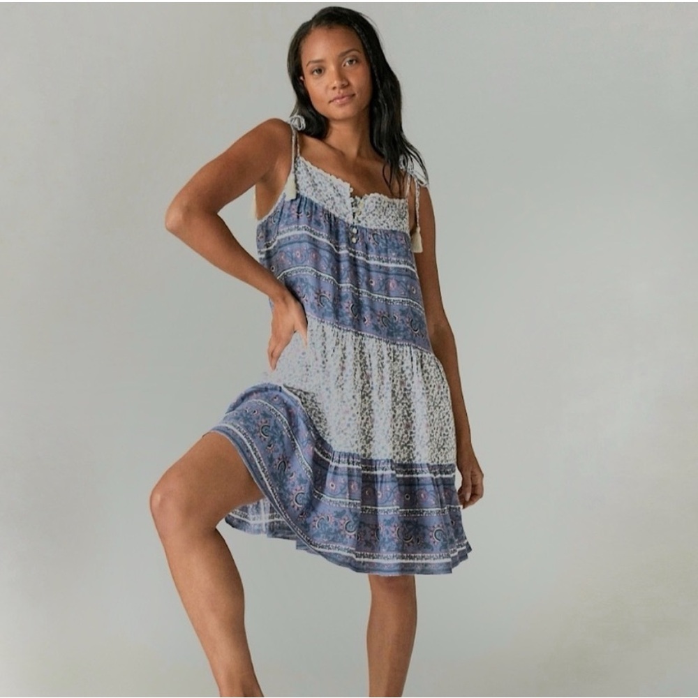 NWOT Lucky Brand Tie Sleeve Mini Dress, L, Blue
